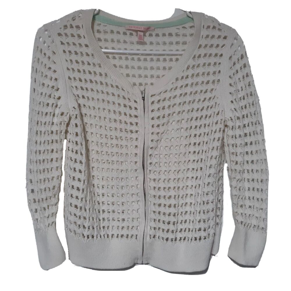 Victorias Secret Sweater White Mesh Long Sleeve XS X Small Zipper Zip Up Shirt